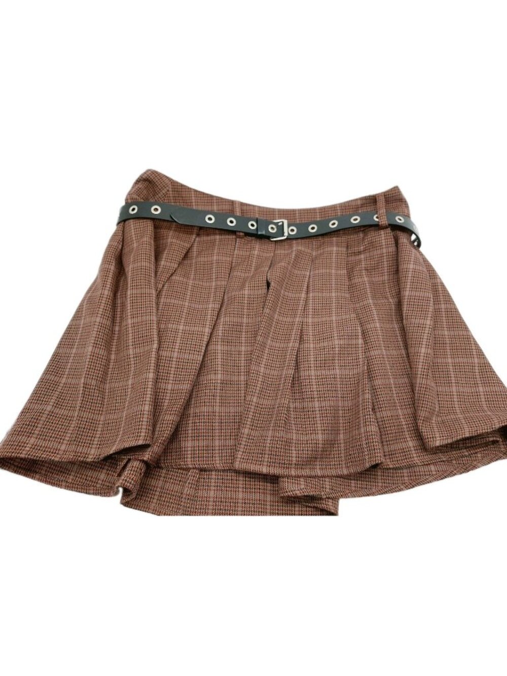 Thorn & Fable Mini Skirt Black Grommet Belt Size Large Brown Plaid Pleated